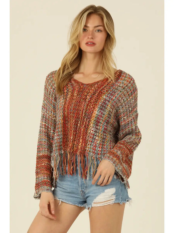 V Neck Fringe Hem Pullover Sweater