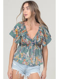 V Neck Smocked Bust Short Sleeve Printed Top