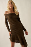 Boucle Ribbed Knit Off-Shoulder Asymmetrical Mini Dress