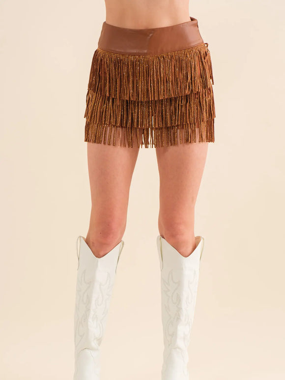 Wide Faux Leather Waist Tiered Fringe Studded Short