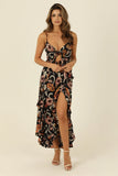 V Neck Tie Front Ruffle Slits Maxi Dress