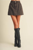Double-Button Wide Waistband Denim Skort