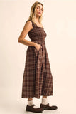 Plaid Smocked Square-Neck Fit-And-Flare Midi Dress