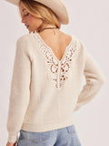 Crochet Lace Back V-Neck Knit Sweater Pullover