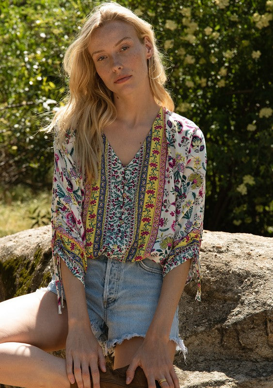Bohemian Floral Ruched Sleeve Button Down Blouse - Wild Skyes