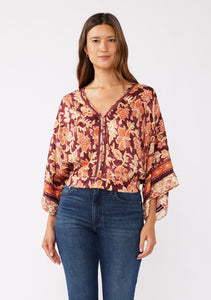 V-Neck Button Front Top with Lattice Trim