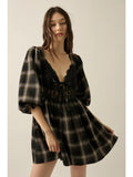 Plaid and Lace Fit-And-Flare Puff-Sleeve Mini Dress
