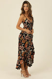 V Neck Tie Front Ruffle Slits Maxi Dress