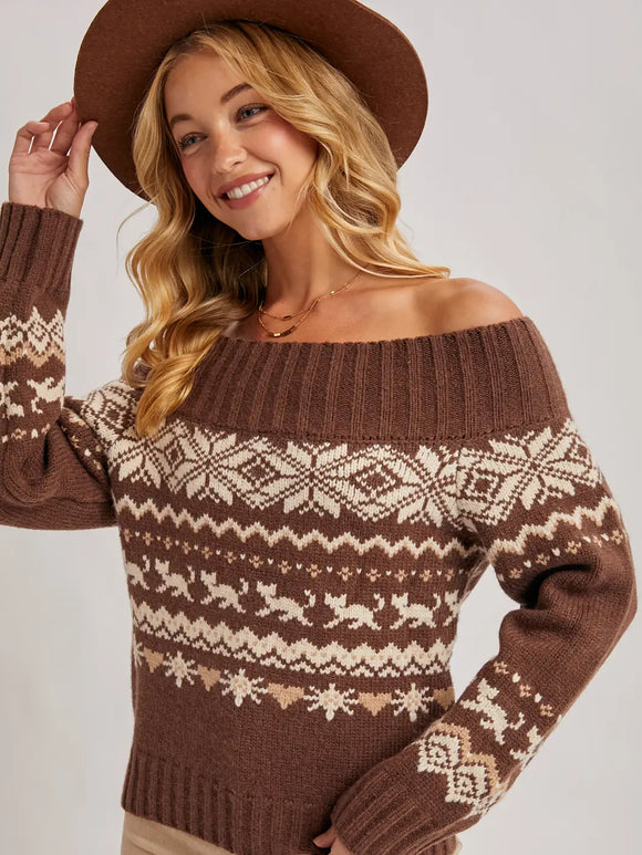Fair Isle Off Shoulder Knit Sweater - Holiday