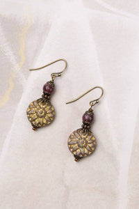 Mauve Lepidolite With Czech Glass Etched Flower Simple Earrings