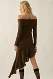 Boucle Ribbed Knit Off-Shoulder Asymmetrical Mini Dress