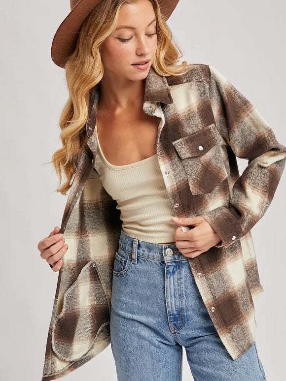 Button Down Flannel Shacket with Pockets