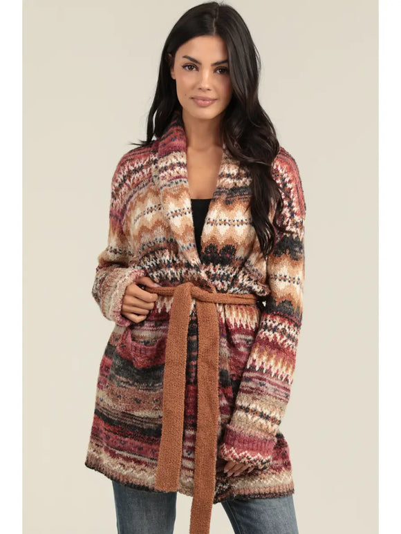 Cozy Knit Cardigan Sweater with Tie Waist and Poc