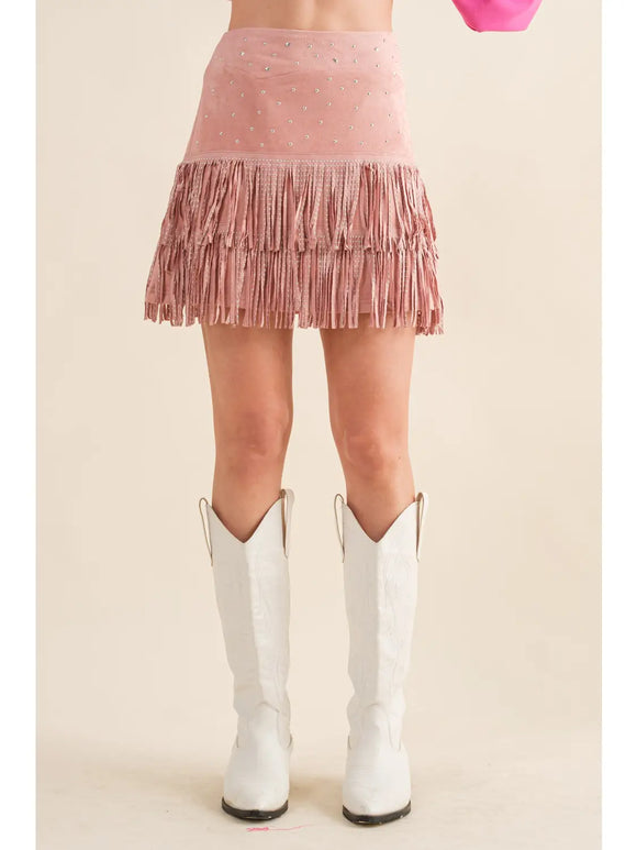 Suede Star Silver Studded Tiered Fringe Mini Skirt