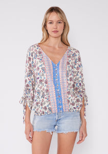 Multi Print Ruched Sleeve Button Front Blouse