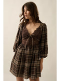 Plaid and Lace Fit-And-Flare Puff-Sleeve Mini Dress