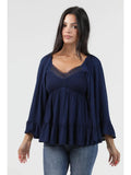 Flare Sleeve Vneck Top with Lace Trim
