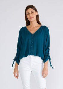 Ruched Sleeve Button Front V Neck Blouse