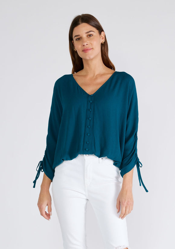 Ruched Sleeve Button Front V Neck Blouse