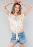 Floral Dolman Sleeve Button Down Tie Front Top