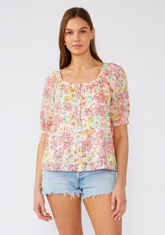 Pink Floral Puff Sleeve Button Front Blouse