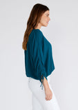 Ruched Sleeve Button Front V Neck Blouse