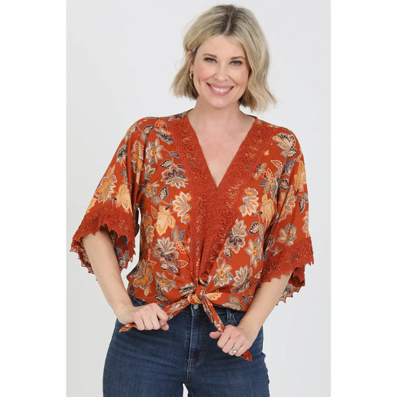 V Neck Lace Trim Tie Waist Blouse