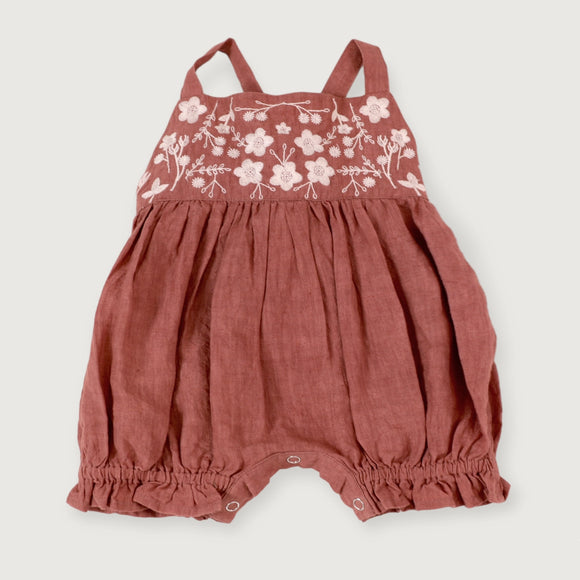 Leonie Linen Embroidered Bubble Baby Romper (Natural Linen)