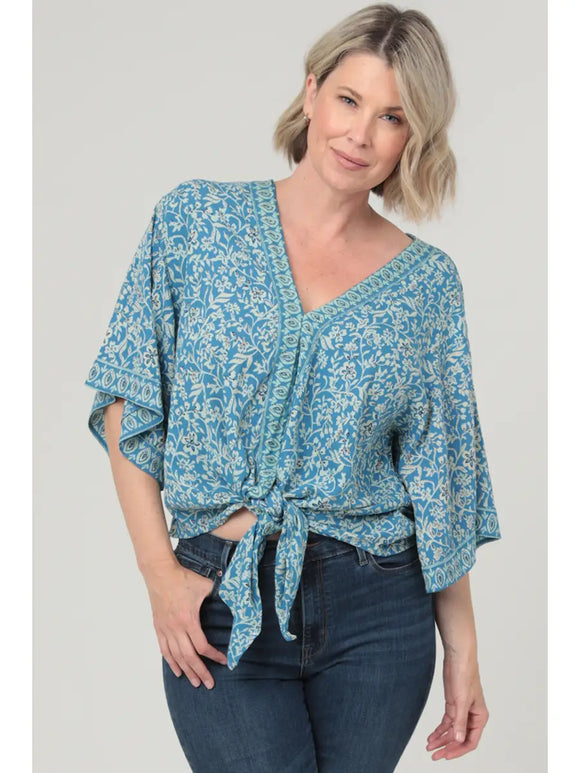 V Neck Tie Waist Kimono Sleeves Blouse