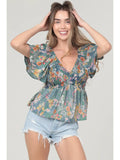 V Neck Smocked Bust Short Sleeve Printed Top