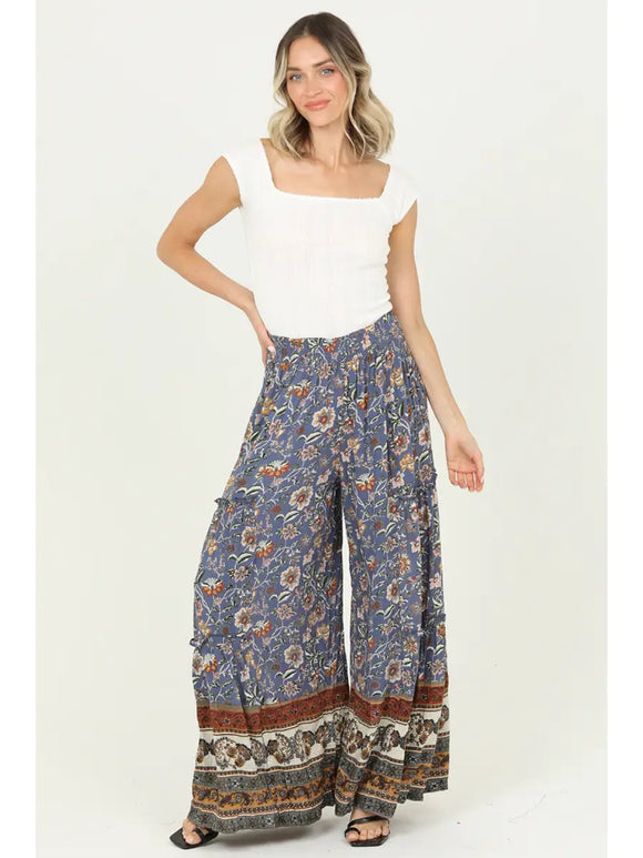 Printed Wide Leg Pants with Ruffle Tiers