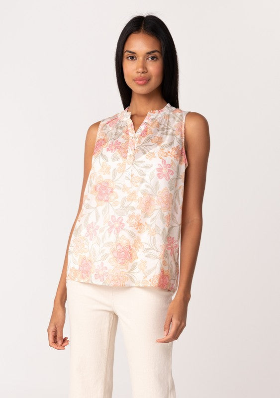 Sheer Floral Button Front Ruffle Neck Tank Top - Wild Skyes