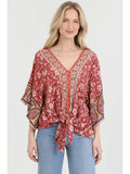 V Neck Tie Waist Kimono Sleeve Printed Top