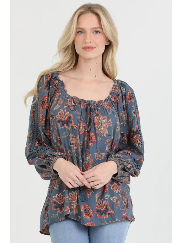 Scoop Neck Floral Print Lace Inserts Blouse