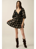 Plaid and Lace Fit-And-Flare Puff-Sleeve Mini Dress