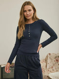 Fitted Long Sleeve Ribbed Henley Knit Top