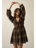 Plaid and Lace Fit-And-Flare Puff-Sleeve Mini Dress