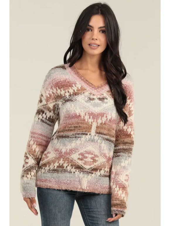 Aztec V Neck Pullover Sweater