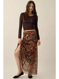 Floral-Print Mesh Godet-Pleat Elastic-Waist Maxi Skirt