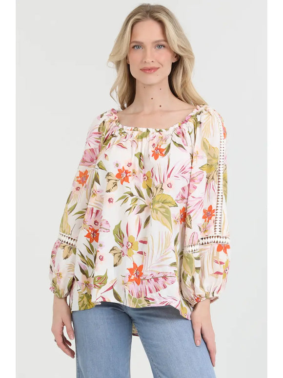Lace Inserts Tropical Print Blouse