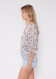 Multi Print Ruched Sleeve Button Front Blouse