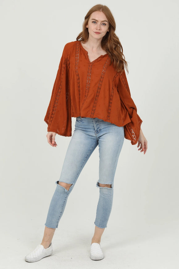 V Neck Lace Inset Flowy Top