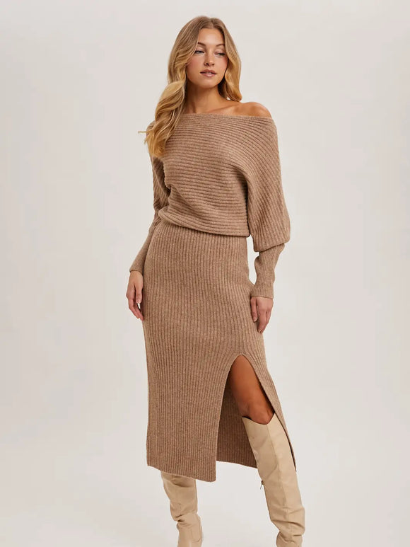 off the shoulder sweater dress midi One Shoulder Off Side Slit Midi Knit Sweater Dress Large