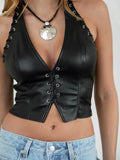 Linnea Faux Leather Halter Bustier Whip Stitch V Neck Top - Wild Skyes