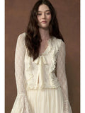 Lace Ruffled Tie-Front Bell-Sleeve Top