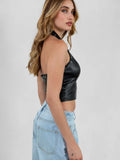 Linnea Faux Leather Halter Bustier Whip Stitch V Neck Top - Wild Skyes