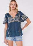 Embroidered Raglan Short Sleeve Split Neck Top