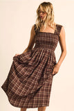 Plaid Smocked Square-Neck Fit-And-Flare Midi Dress