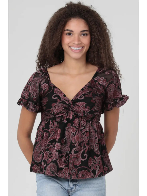 Burnout Paisley Print Twist Front Blouse