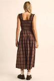 Plaid Smocked Square-Neck Fit-And-Flare Midi Dress